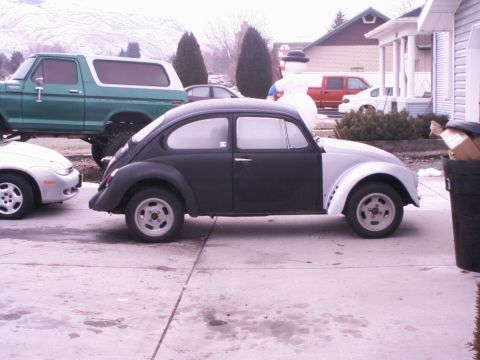 1975 Volkswagen Beetle - A Volkswagen Beetle with a two-tone paint job is parked in a driveway next to other vehicles.