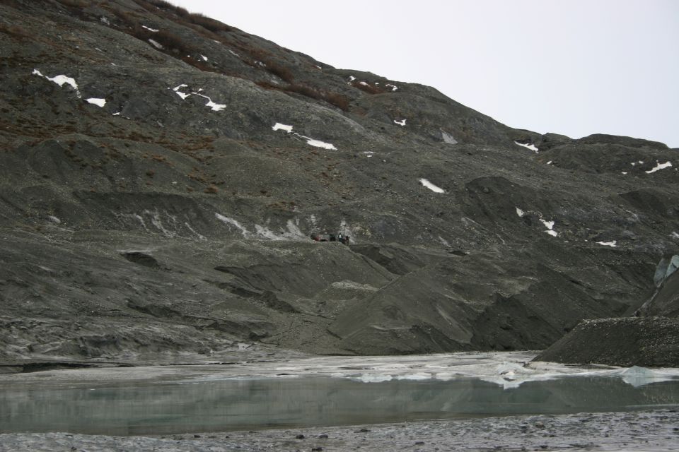 Several people stand on a rocky, debris-covered slope above a partially frozen body of water, with a glacier in the background