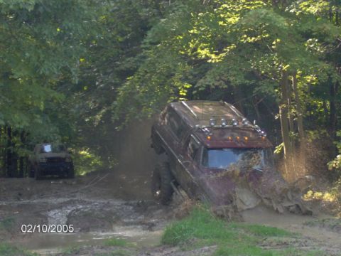 1978 Ford Bronco - Off-road vehicles tackle a challenging muddy course surrounded by dense foliage.