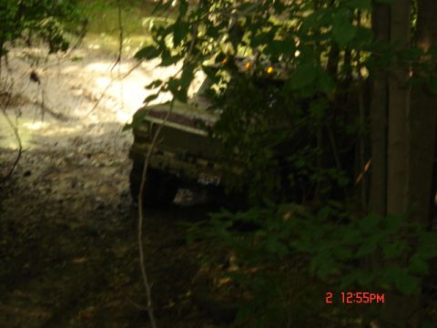 1978 Ford Bronco - A vehicle navigates a wooded area with water and mud visible.