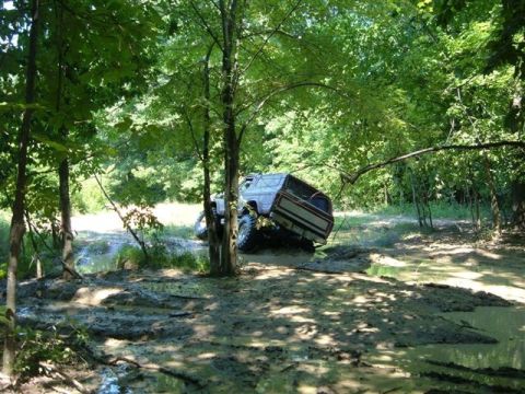 1978 Ford Bronco - A white 1978 Ford Bronco navigates a muddy trail, getting stuck between trees.