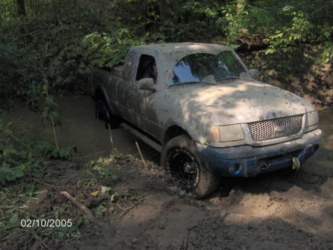 1978 Ford Bronco - A muddy Ford Ranger is stuck in a water-filled ditch surrounded by dense vegetation.
