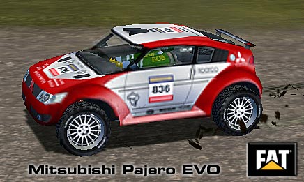 1968 Ford Mustang - A digital rendering of a rally car, identified as a Mitsubishi Pajero EVO, is shown on a dirt track.
