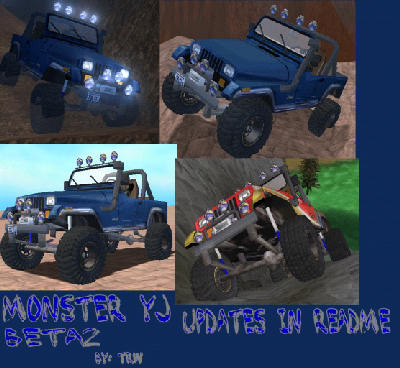 1968 Ford Mustang - Multiple Jeep Wranglers are depicted in various off-road scenarios, with text indicating 'MONSTER YJ' and 'UPDATES IN README'.