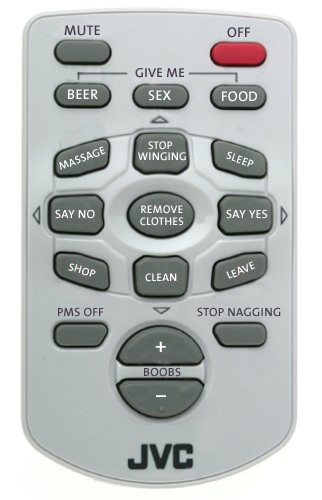 1968 Ford Mustang - This JVC remote control features a humorous set of buttons, offering a playful take on common requests and commands.