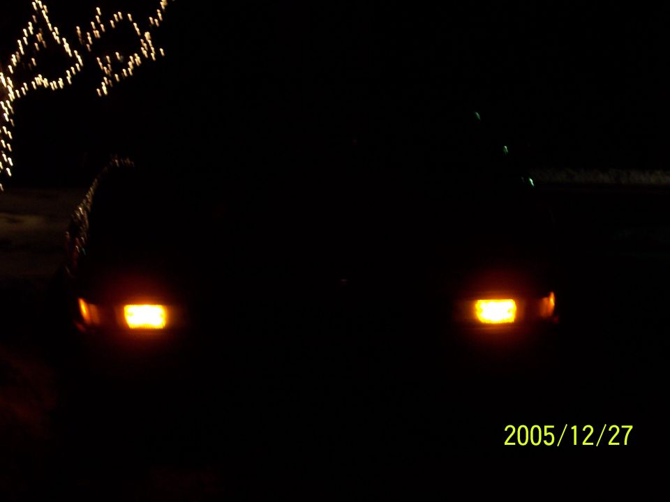 Dark night shot of a car's two lit headlights, holiday lights behind, dated 2005/12/27