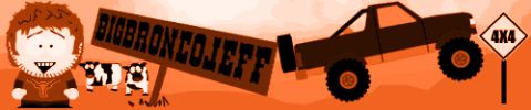 1993 Ford Bronco - A cartoon character stands next to cows and a lifted truck, with signs indicating 'BIGBRONCOJEFF' and '4X4'.
