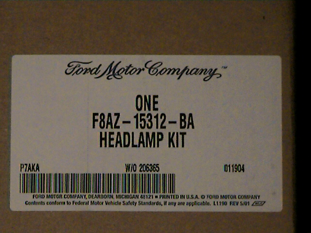 Label for Ford Motor Company headlamp kit, part number F8AZ-15312-BA