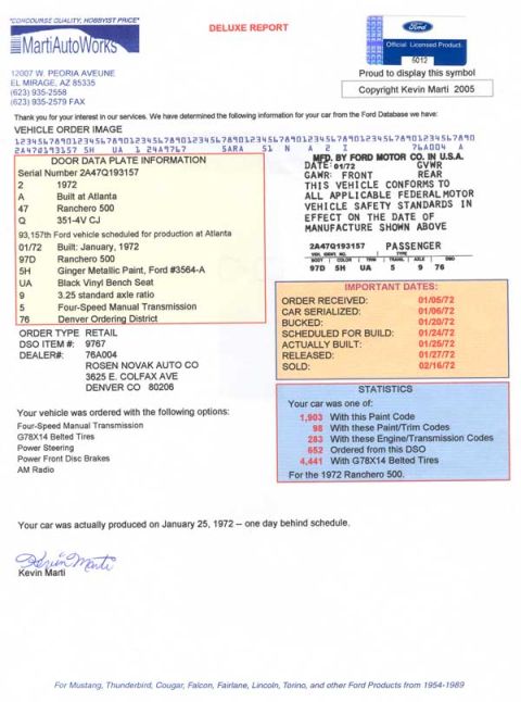 1972 Ford Ranchero - This document details the build and options for a 1972 Ford Ranchero 500.
