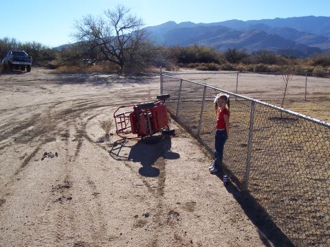 1981 Ford F-150 - A young girl stands by a chain-link fence next to an overturned red cart, with a truck visible in the distance.