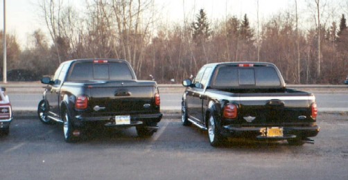 Two black Ford F-150 crew cab pickups parked rear-facing in a lot