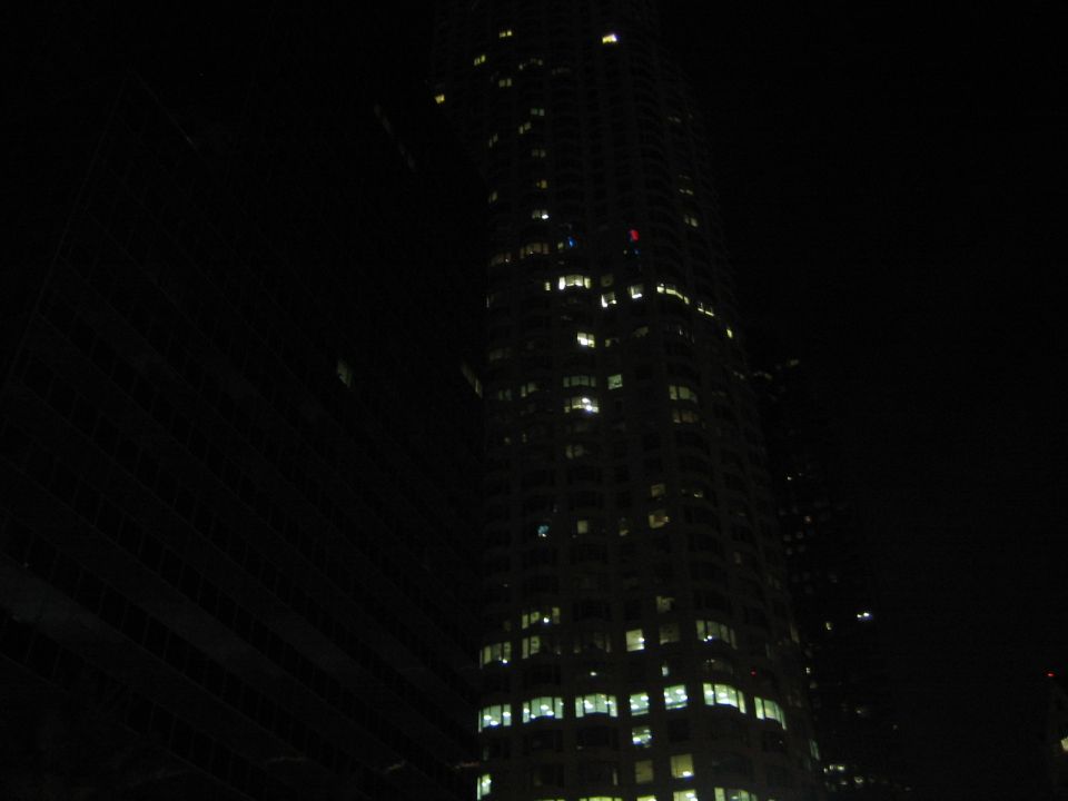 Tall, dark skyscraper with many illuminated windows at night
