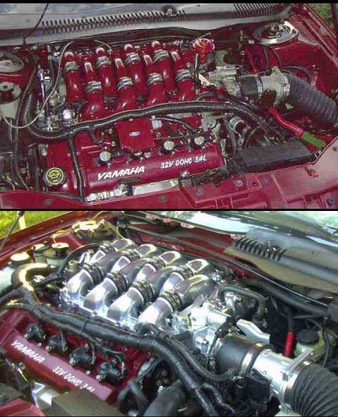 1997 Ford Taurus - Custom engine intake manifold with Yamaha 32V DOHC 3.4L labeling, likely modified from a Ford engine.