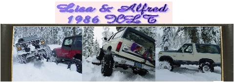 1986 Ford Bronco - Three SUVs, including a 1986 Ford Bronco, are stuck in deep snow in a forest.