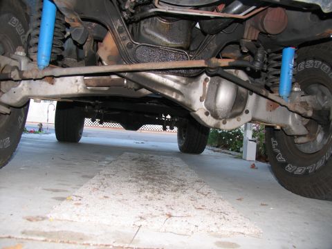 1984 Ford Bronco - The underside of a vehicle is captured, revealing its mechanical components and suspension system.