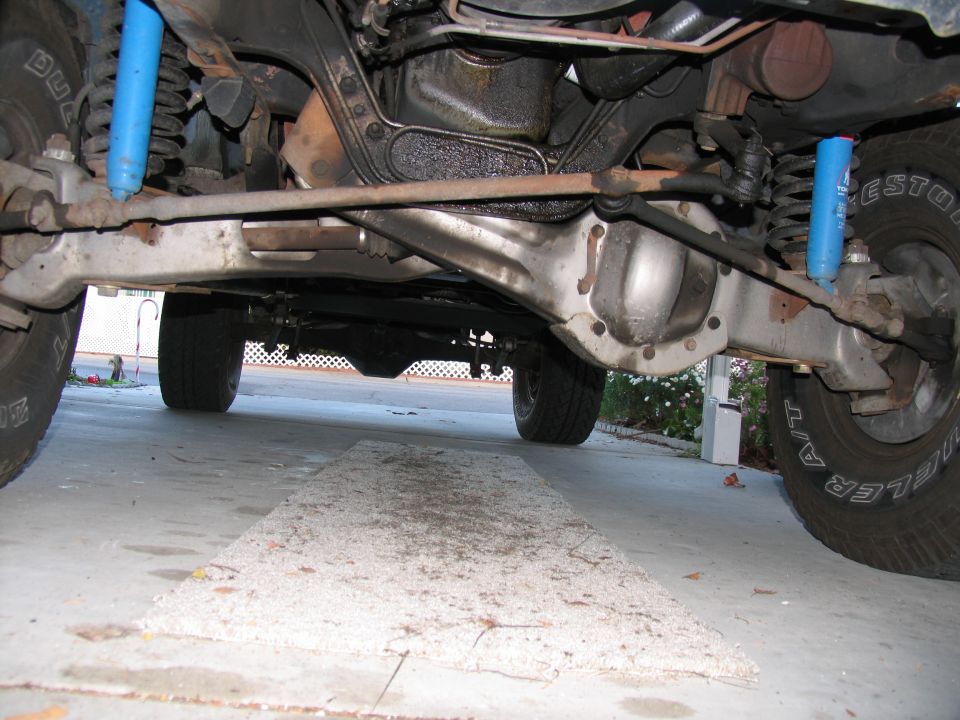 Undercarriage of a vehicle showing suspension, steering components, and differential