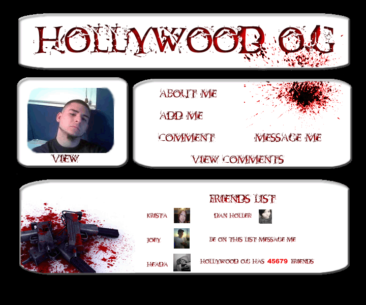 MySpace-style Hollywood O.G. profile graphic with red lettering and a friends list