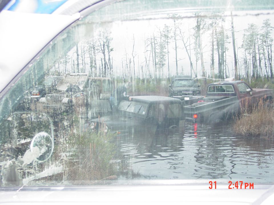 Several off-road vehicles submerged in water with trees in the background