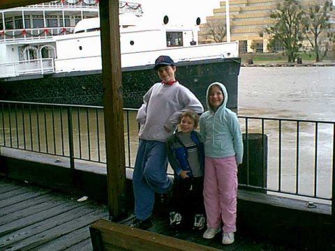 1983 Ford Bronco - three weeks ago the boat behind the kids (The Delta King) was so low you could look over the top of it to see the other side of the river.