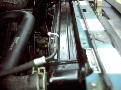 1996 Ford Bronco - Close-up view of the radiator and hoses within the engine compartment.