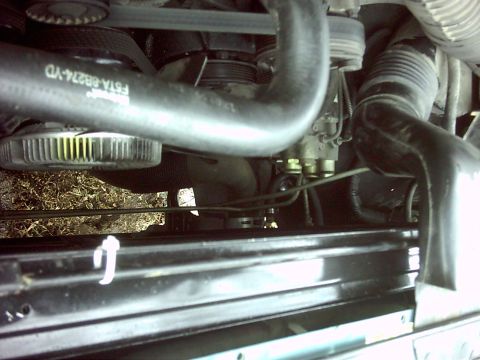 1996 Ford Bronco - Close-up of engine bay hoses and pulleys, showing part number F5TA-6B274-YD on a hose.