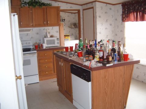 1988 Ford Bronco - A messy kitchen scene with a large collection of liquor bottles and disposable cups on the counter.