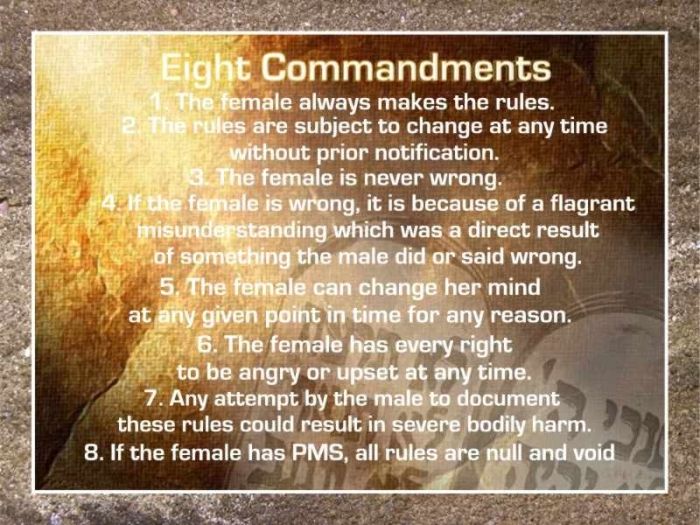 Poster with 'Eight Commandments' listed, humorously defining rules for relationships