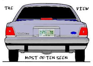 1991 Ford LTD Crown Victoria - A simple cartoon illustration of the rear of a light blue-grey Ford LTD Crown Victoria sedan with a blue light bar on the rear deck, red ta…