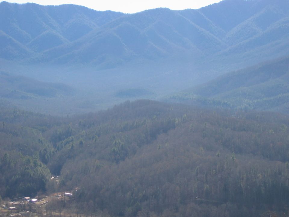 Mountain landscape with trees and buildings in a valley