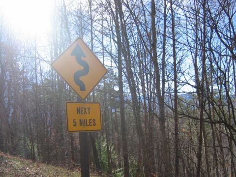 1985 Ford LTD Crown Victoria - Road sign indicates a winding road ahead for the next 5 miles, set against a backdrop of trees.