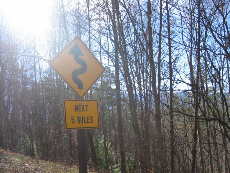 Yellow diamond sign with black winding arrow symbol, and yellow rectangular sign below reading 'NEXT 5 MILES'. Bare trees and sky in background