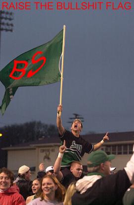 1996 Ford Probe - A celebratory crowd raises a flag with 'BS' on it, under a sky with text overhead.