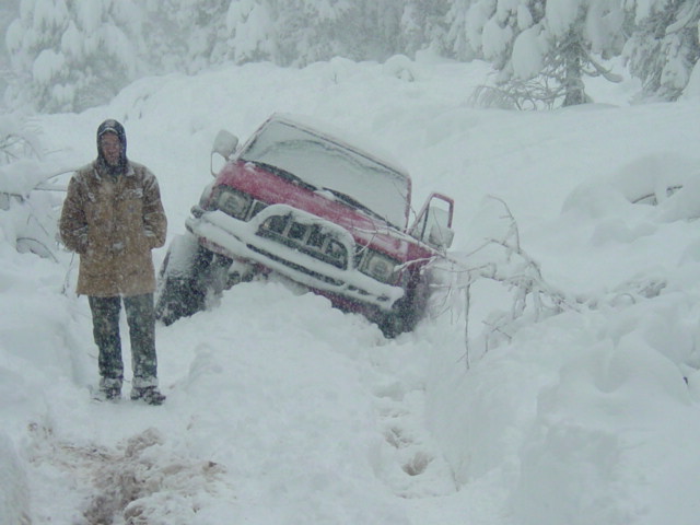 Person standing next to a red SUV stuck deep in snow, with trees covered in snow in the background
