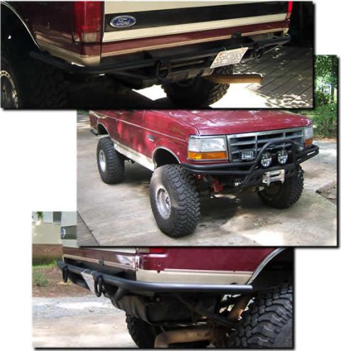1995 Ford Bronco - Red Ford Bronco with aftermarket bumper and large tires, front 3/4 view.