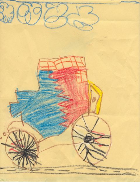 1995 Ford Bronco - A colorful child's drawing depicts a side view of a car with distinct blue and red coloring and spoked wheels.