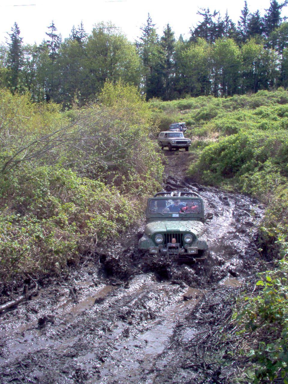 Green open-top Jeep CJ churning through deep mud on a forest trail, white SUV waiting uphill