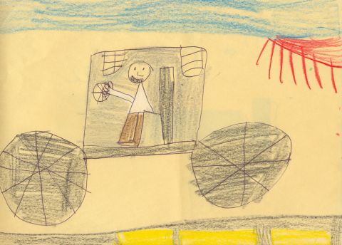 1995 Ford Bronco - A drawing depicts a vehicle with a driver, seen from the side against a yellow background.
