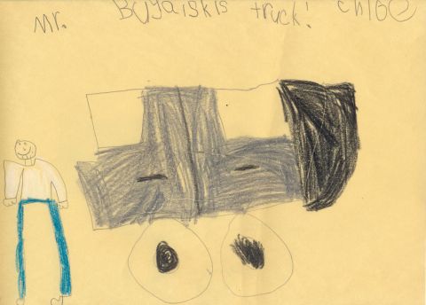 1995 Ford Bronco - A child's drawing depicts a truck and a person, with text identifying it as 'Mr. Buya's truck! Chloe'.