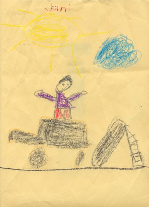 1995 Ford Bronco - A child's drawing depicts a person atop a toy truck next to a slide under a sun and cloud.