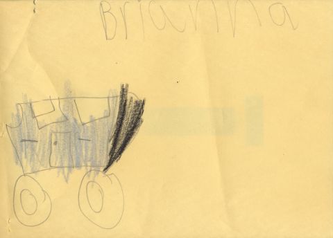 1995 Ford Bronco - A child's drawing depicts a vehicle with a door and windows, labeled with a name.