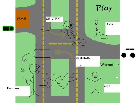 1993 Ford Bronco - This drawing depicts a street intersection with various figures and labels, including 'Play', 'Blaze', 'washcloth', 'Walmart', 'Potamus', a…