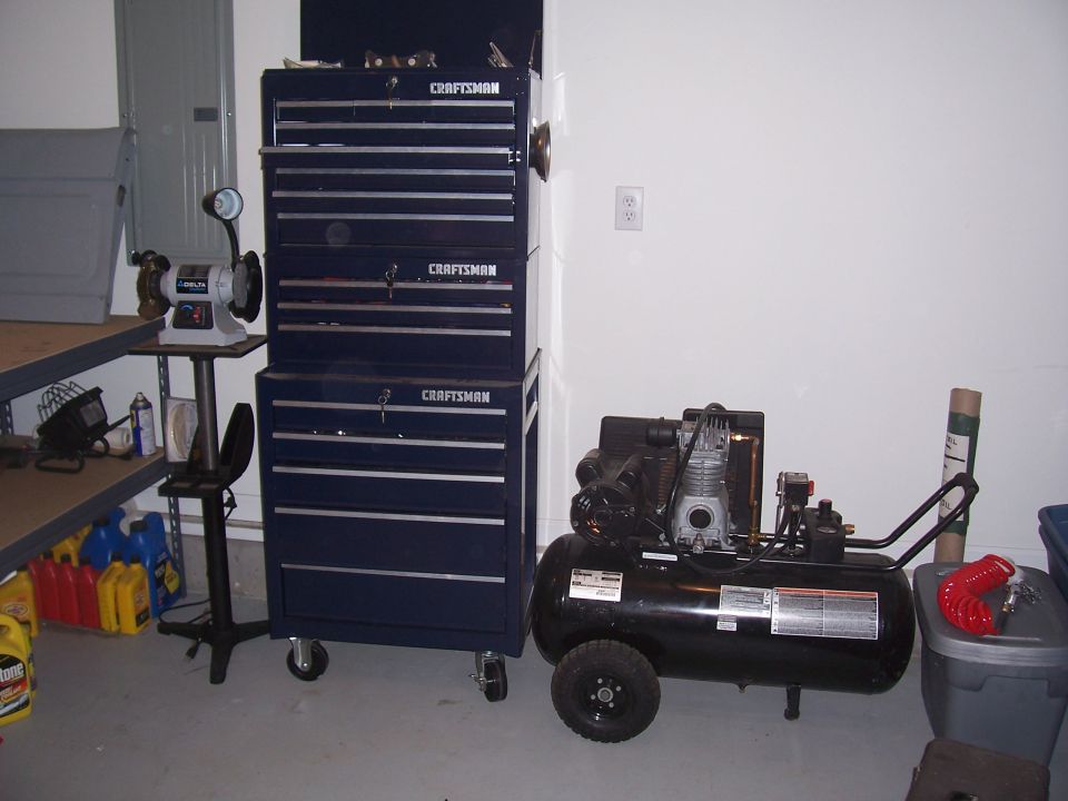 The tool chest was my gift to myself for surviving seven months in western Iraq.  I got the air compressor for $200. It's a 6hp, 25 gallon Craftsman and best of all  is it's not an oilless.