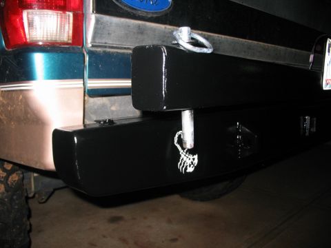 1996 Ford Bronco - Custom rear bumper with scorpion decal and tow hitch receiver.