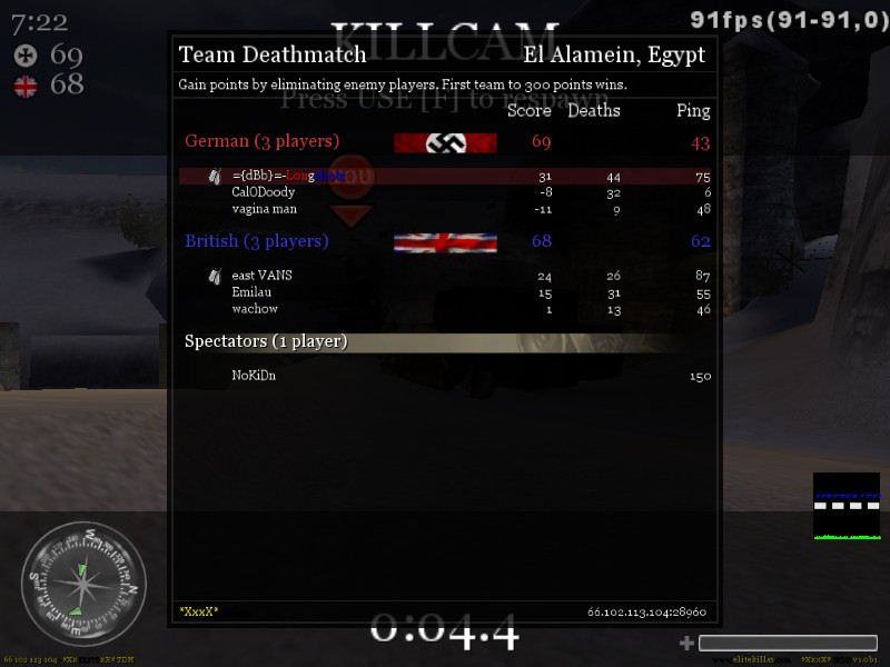 Video game killcam screen showing player scores and stats for a Team Deathmatch in El Alamein, Egypt