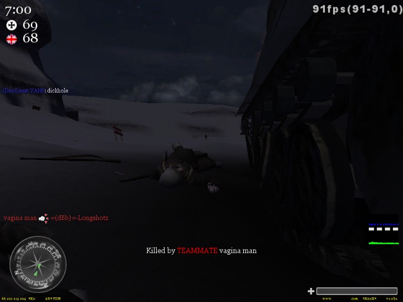 Video game screen showing a downed player in a snowy environment with UI elements