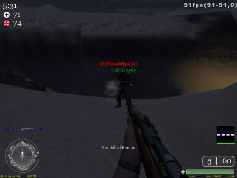 1995 Ford Bronco - A first-person perspective from a video game shows a player aiming a rifle after a successful elimination, with various game interface elem…