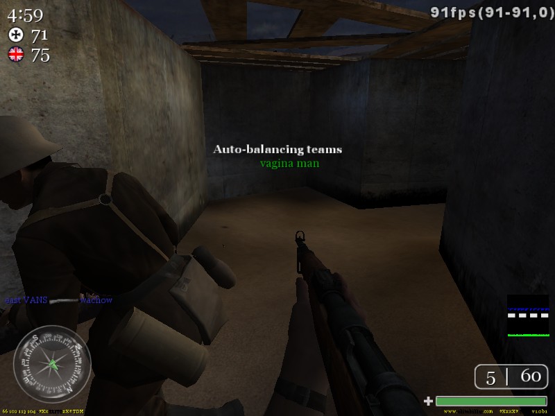 First-person view in a video game, showing a soldier holding a rifle inside a dimly lit structure. Text indicates 'Auto-balancing teams'