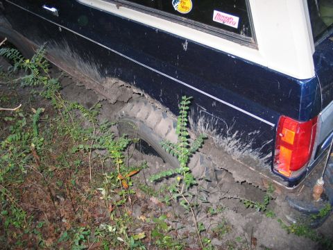 1995 Ford Bronco - This vehicle is stuck in the mud, with the rear tire completely submerged. Vegetation grows around the stuck vehicle.