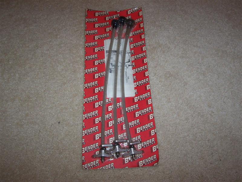 Three braided lines with adjusters on red Bender Racing packaging card.