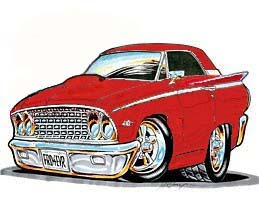 1963 Ford Fairlane - This cartoon depicts a customized 1963 Ford Fairlane with a prominent grille and hood scoop.